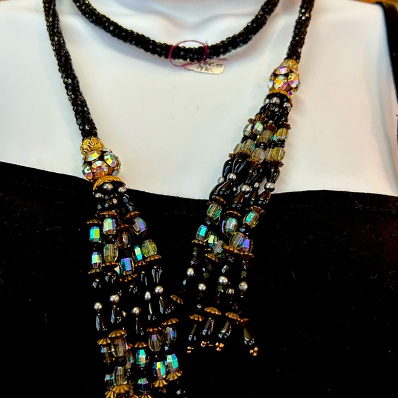 Vintage New Chipita Bolo ( Necklace) Ab/ glass w Jet black loaded crystal - Picture 1 of 16